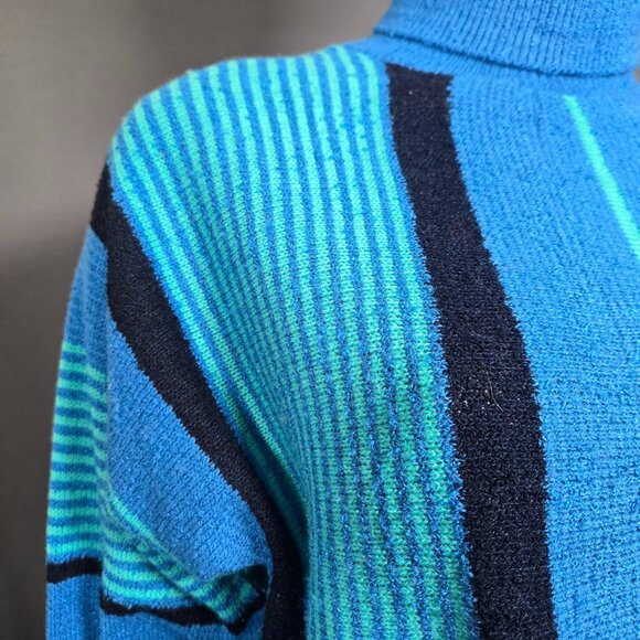 Vintage 80s Blue Striped Sweater Size M Dolman Sleeve Turtleneck New Wave - Picture 4 of 10